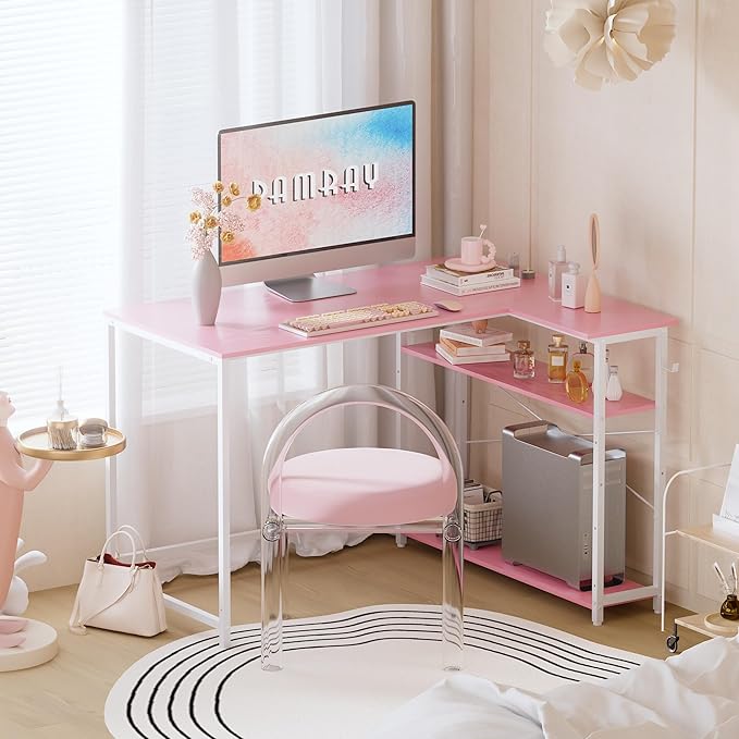 Pamray 43 Inch L Shaped Computer Desk with Reversible Side Storage Shelves Small Corner Desk for Small Space Home OfficeWriting Study Table PC Desk for BedroomPink with White Leg