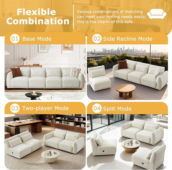 Boucle Sectional Couches for Living RoomComfy Upholstered Modular Sectional SofaU Shaped CouchL Shape Sofa with Removable Ottoman.(4Seats-Beige White)