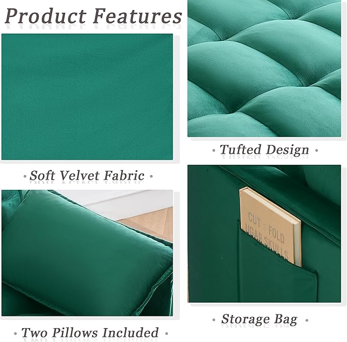 55 Sleeper Loveseat3 in 1 Sofa BedPull Out Couch Bed with 2 Pillows and Side PocketsVelvet Convertible Bed for Small Spaces Living Room (Green)