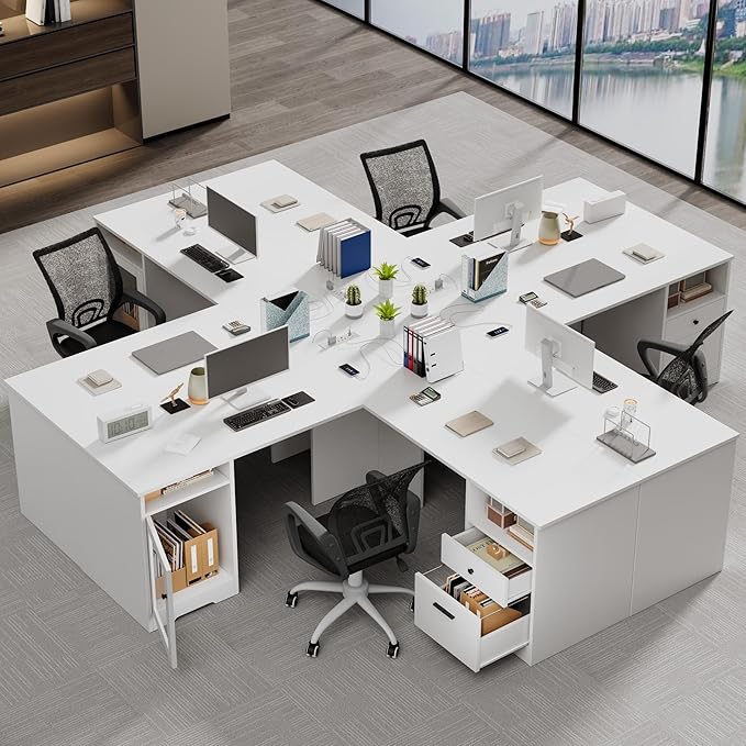 MU L Shaped Desk with File Drawer 60 Inch Corner Desk with Storage Drawers &amp Cabinet Large Home Office Table with Power Outlets Wood Executive Office Desk White