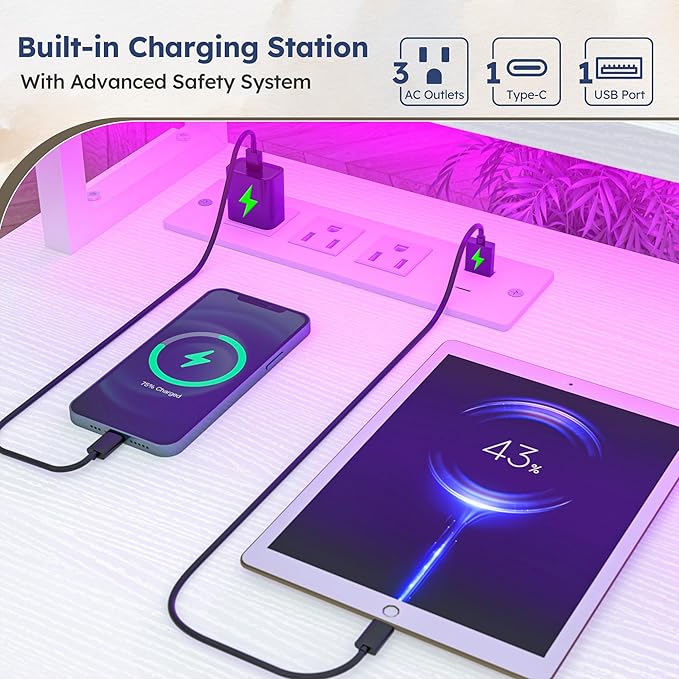 96.5'' Computer Desk with Drawers Gaming Desk with LED Lights &amp Monitor Shelf Office Desks with Power Outlets L Shaped White Corner Desks for Home Office Study Room and Bedroom White