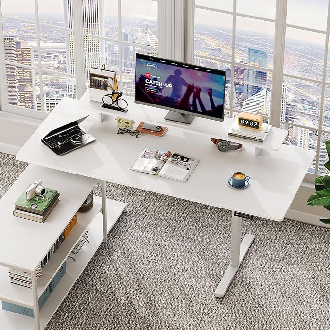 Standing Desk with File Cabinet 63x24'' L Shaped Electric Stand Up Desk with Adjustable Monitor Shelf Adjustable Height 28-46'' for Home and Computer Workstation White