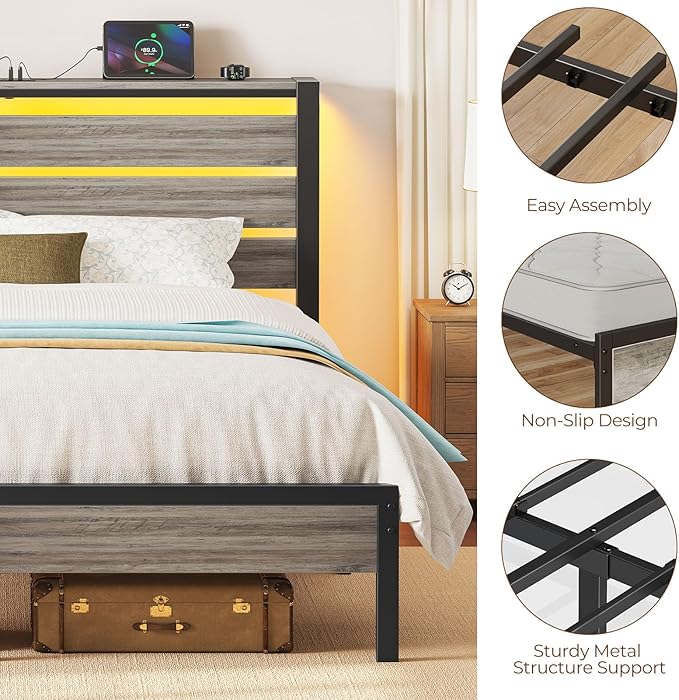 Rolanstar Bed Frame Twin Size with USB Charging Station LED Bed Frame with Wood Storage Headboard Light Grey Metal Platform Bed with Under Bed Storage No Box Spring Needed Noise Free
