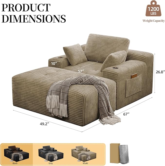 MoonSpeak 67 Boneless Reading Chair with Lounges Chaise Indoor Corduroy Cloud Couch with 1 Ottoman Upholstered Sleeper Sofa Bed with Wide Armrest and 3 Pillows for Living RoomReading Room (Khaki)