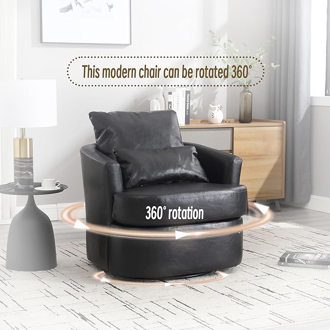Swivel Barrel Chair Comfy Round Accent Sofa Chair for Living Room 360 Degree Swivel Barrel Club Chair Leisure Arm Chair for Nursery Hotel Bedroom Office Lounge (Black PU)