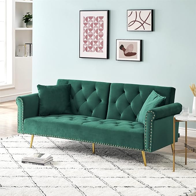 69.7'' Convertible Velvet Sleeper Sofa Bed Upholstered Futon Couch with Nail Head Trim and 2 Matching Throw Pillow for Living Room Bedroom Home Office (Green)