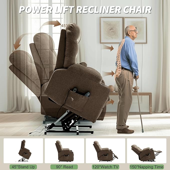 Power Recliner Chair with Massage and Heating Power Lift Recliner Chair for Elderly and Adults Electric Recliner with Remote Control and Cup Holders for Living Room Linen Fabric Brown