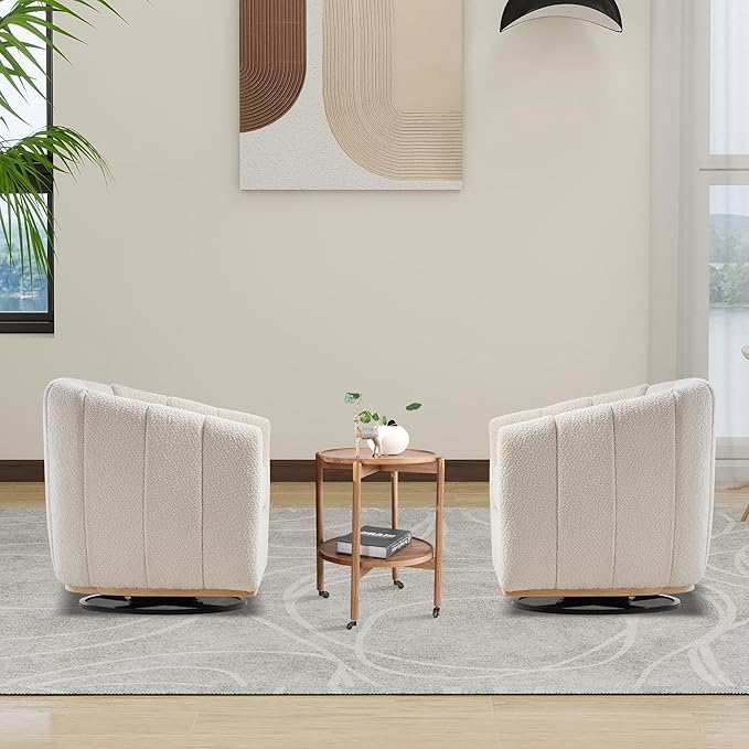 Aoiy &amp Wifon 32.33 W Swivel Accent Barrel Chair Round Living Room Swivel Chair Boucle Ivory