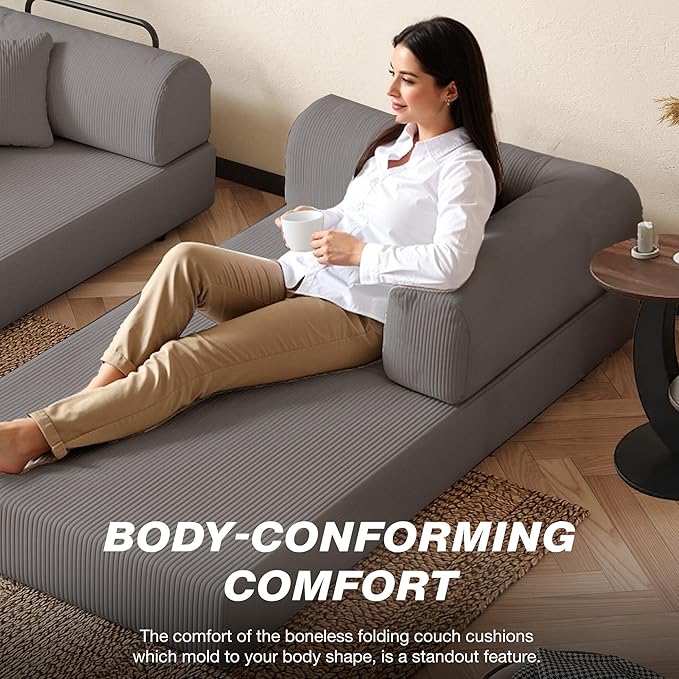 79'' Folding Sofa Bed 5-in-1 Convertible Sofa Bed Boneless Comfy Foldable Foam Couch with Pillow Modular Floor Couch for Living RoomBedroomLounge - Corduroy Grey