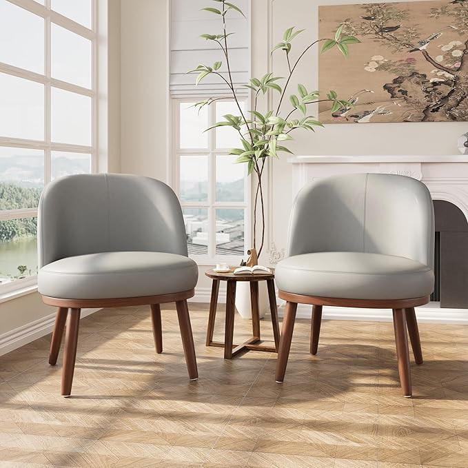 Accent Chair Mid-Century Modern Chair PU Leather Upholstered Armless Chair Set of 2 Suitable for Living Room Bedroom BalconyLight Gray