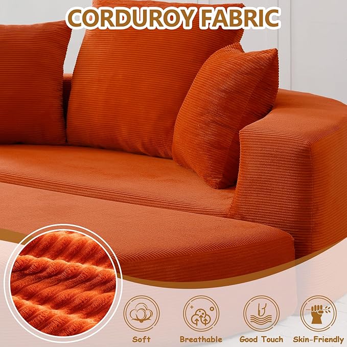 67” Foldable Couch Bed Corduroy Round Floor Couch with 3 Comfy Pillows 2 in 1 Convertible Sofa Bed for Living Room Apartment 380 LBS Capacity No Assembly (Orange)