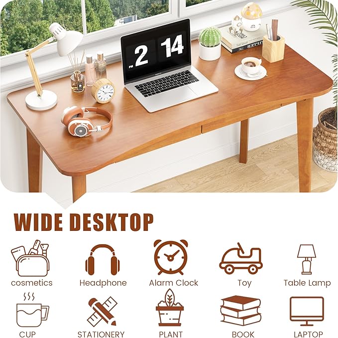 100% Solid Wood Desk with Drawers - 48 x 24 Inch Home Office Computer Desks Mid Century Modern Writing Desk with Drawers Simple Study Table Makeup Vanity - Walnut Vintage Desks