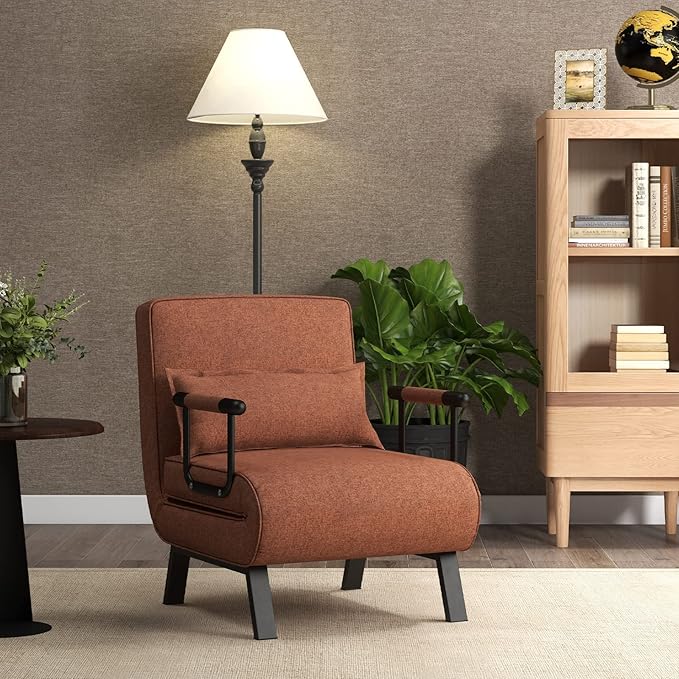 Giantex Convertible Sofa Bed 4-in-1 Sleeper Chair with Pillow Modern Recliner Guest Bed with 6 Position Adjustable Backrest Metal Legs Linen Fabric Armchairs for Nursery Living Room Office (Brown)