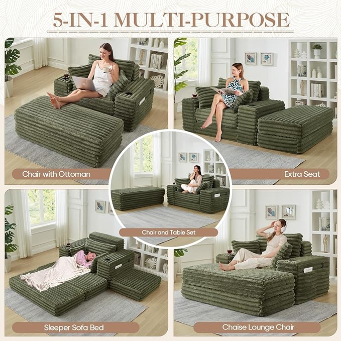 5-In-1 Oversized Chaise Lounge Chair Indoor with Ottoman54.5W Faux Fur Convertible Folding Sleeper Sofa Bed with Cup Holder&ampSide PocketComfy Boneless Couch Sofa Chair for Living RoomBedroom(Gr