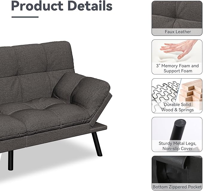 Convertible Futon Sofa BedLinen Futon Couch with Detachable CushionAdjustable Backrest &amp ArmrestModern Small Loveseat Sleeper Recliner for Living RoomOfficeApartmentDark Grey