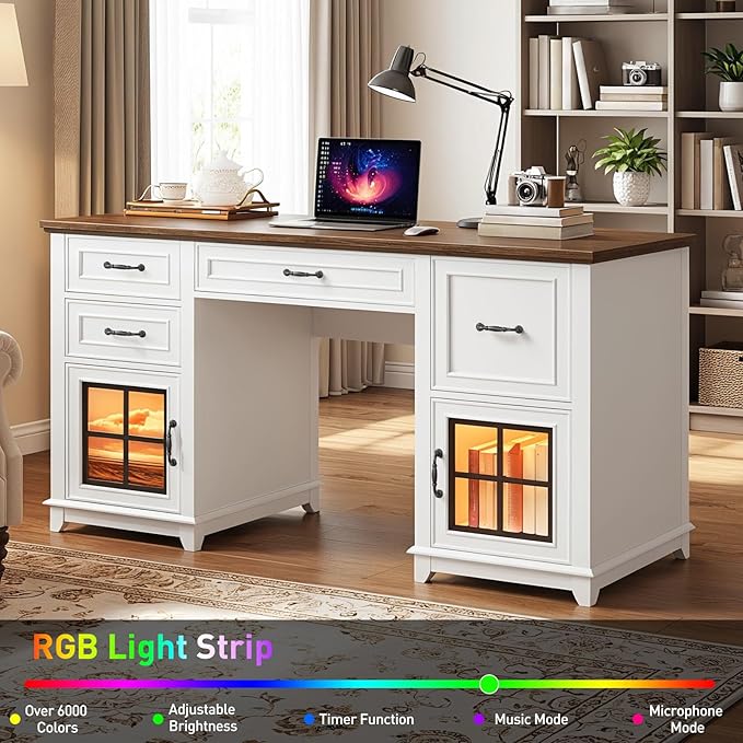 58 Farmhouse Executive Desk with Drawers Wooden Executive Desk with File Drawer LED Light Storage Cabinet Computer Desk with Charging Station Home Office Desk for Work White Walnut
