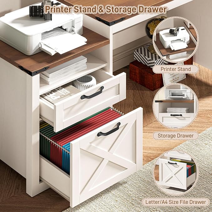 Vabches 51 Executive Desk Farmhouse Home Office Desk with Charging Station File Drawer Storage Cabinet Monitor Stand Wood Computer Desk with Hutch for Work Study Writing (White)