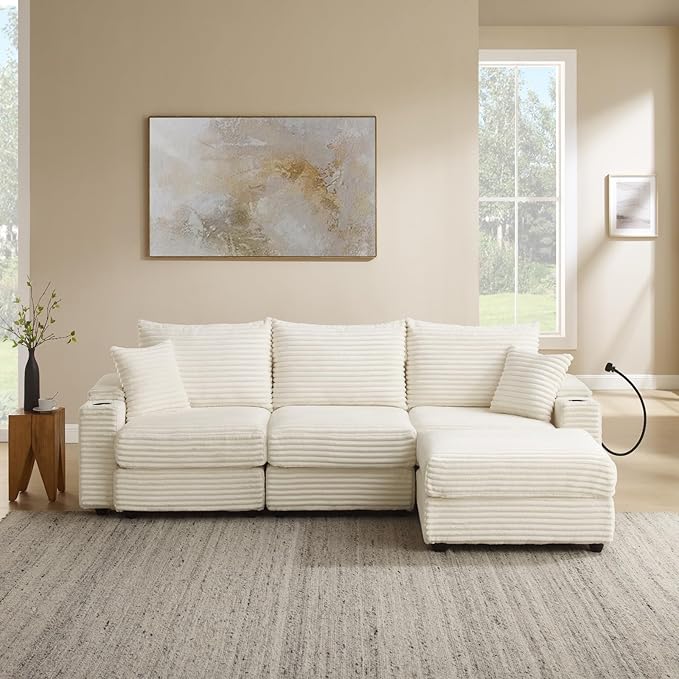Cloud Sectional Couch L-Shaped Modular Sectional Sofa with Ottoman for Living Room Plush Corduroy Comfy Upholstered Couches with Charging Station Cup Holders &amp Armrest Storage