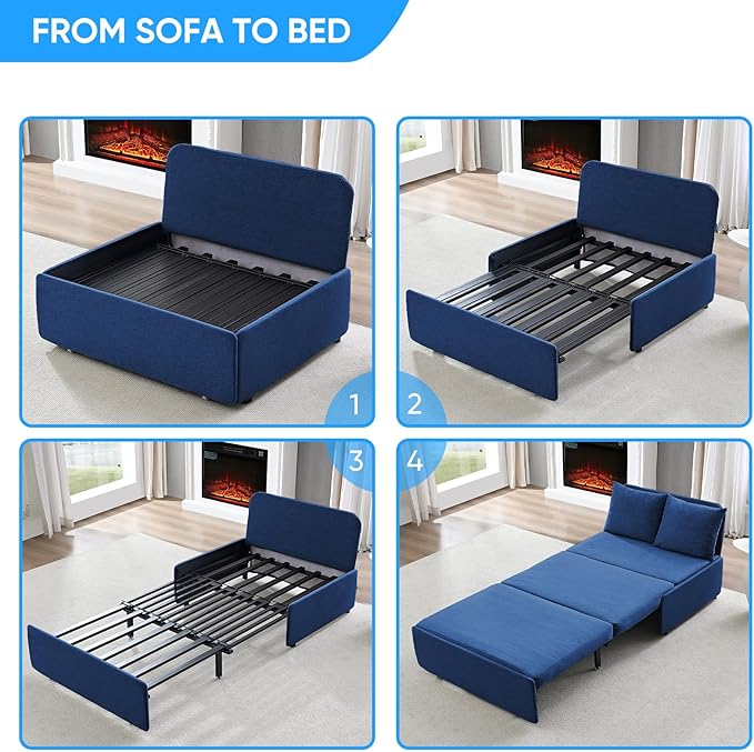Mjkone 43 Width Twin Size Sleeper Sofa Bed 2-in-1 Modern Convertible Linen Sofa Sleeper Pull Out Couch Bed with Cushions &amp Throw Pillows for Living Room Home Office Small Place Blue