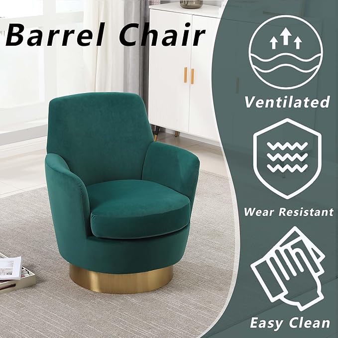 Velvet Swivel Accent Chairs for Living RoomComfy Swivel Barrel Chair with Foam Cushion Round Swivel Chair &amp Boucle Swivel Chair with High Back Round Armrest Gold Base (Green)