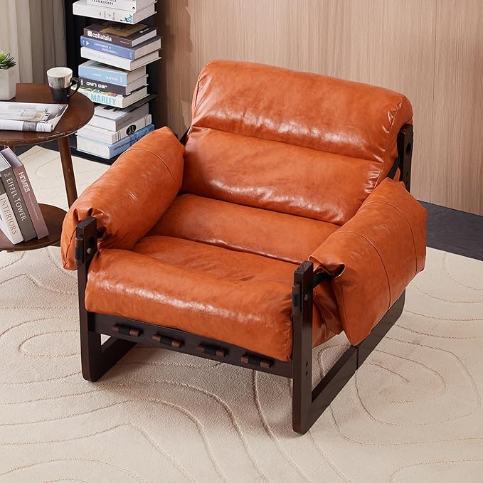 Furnilivng Modern Lounge Accent Chair Comfortable Oil Waxed Leather Arm Chair with Sturdy Wood Frame Upholstered Cozy Sofa Chair for Living Room Bedroom Dressing Room Home Office Retro Orange