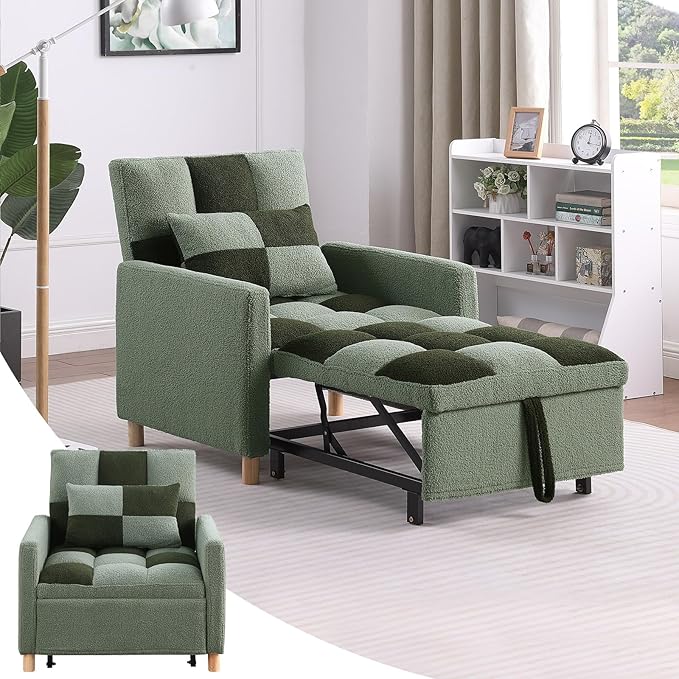 Sleeper Chair Bed - Convertible Single Sofa Chair Bed with PillowPull Out Sleeper Bed with Adjustable BackrestMulti-Functional Lounge Chair with Teddy Fabric for ApartmentLiving Room (Green)