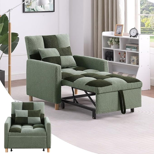 Sleeper Chair Bed - Convertible Single Sofa Chair Bed with PillowPull Out Sleeper Bed with Adjustable BackrestMulti-Functional Lounge Chair with Teddy Fabric for ApartmentLiving Room (Green)