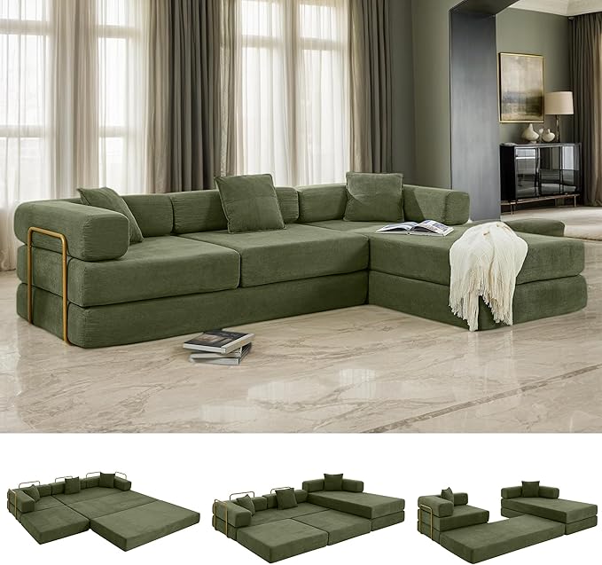 108 W Corduroy Modular Cloud Couch with Fixed-Shape Frame Oversized L-Shaped Sectional Sleeper Sofa Bed with Pull Out Bed No Assembly Modern Floor Boneless Couch for Living Room (Green)