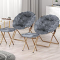 Comfy Saucer Chair Set of 2 with Footrest Metal Frame Cozy Lounge Lazy Chair Folding Faux Fur Round Saucer Chair for Adults Foldable Papasan Moon Chair for Living Room Dorm Bedroom