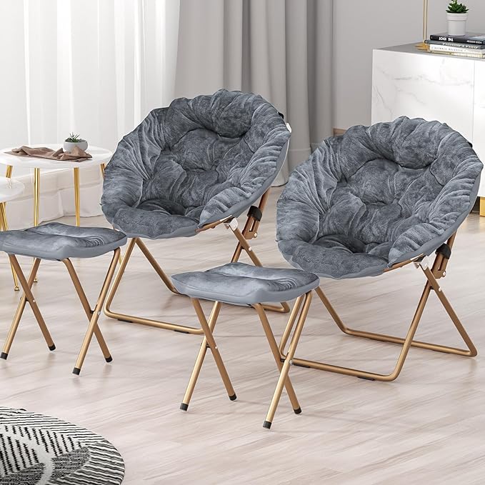 Comfy Saucer Chair Set of 2 with Footrest Metal Frame Cozy Lounge Lazy Chair Folding Faux Fur Round Saucer Chair for Adults Foldable Papasan Moon Chair for Living Room Dorm Bedroom