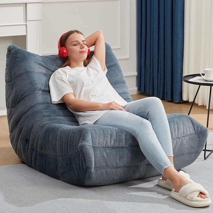 Bean Bag Chairs for Adults Giant Bean Bag Chair Memory Foam BeanBag Chair Bean Bag Sofa with Filler Faux Fur Fireside Beanbags Lazy Sofa for Living Room Bedroom Office (Bluegrey Plush Single)