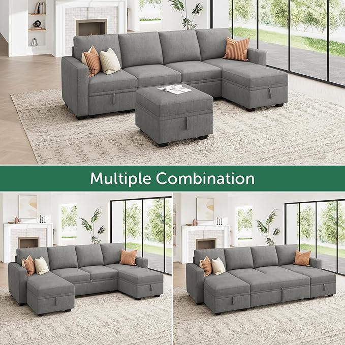 HONBAY Modular Sectional Sleeper Sofa Bed Chenille Pull Out Couch with Storage Ottoman U Shaped Sectional Couches for Living Room Warm Grey