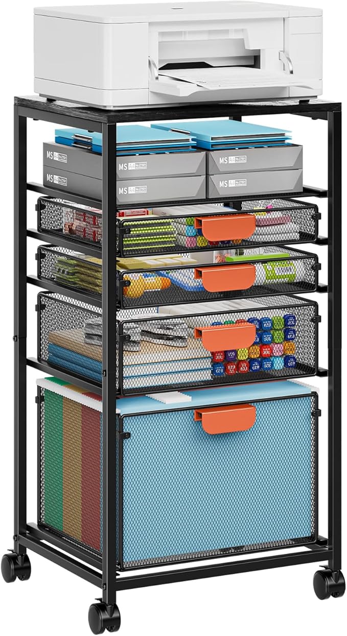 Marbrasse Rolling File Cart with 4 Storage Drawers Mobile File Cabinet on Lockable Wheels Hanging Filing Cabinet Organize Under Desk Utility Cart for Home Office