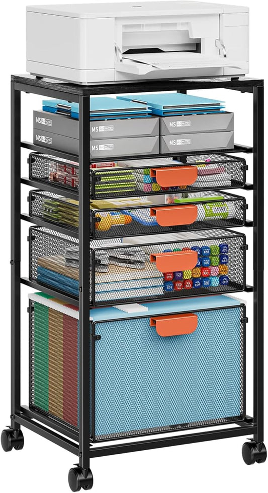 Marbrasse Rolling File Cart with 4 Storage Drawers Mobile File Cabinet on Lockable Wheels Hanging Filing Cabinet Organize Under Desk Utility Cart for Home Office