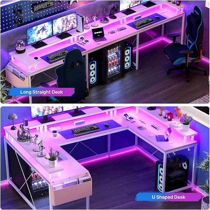 U-Shaped Computer Desk Reversible L-Shaped Gaming Table Large Corner Table with LED Light Strip Power Outlet Monitor Stand Storage Shelf for Home Office Dorm Sturdy Writing Workstation