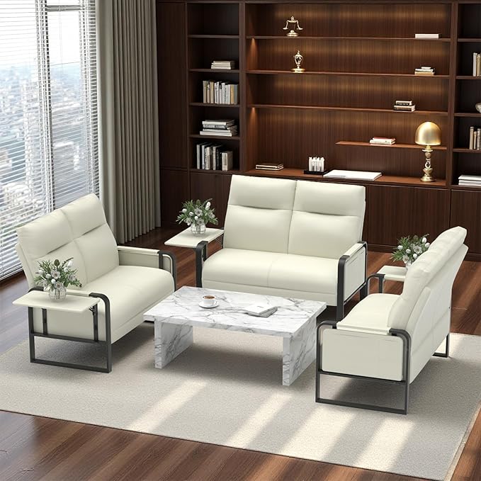 Modern Leather Loveseat Small Sofa with Side Tray &amp Pocket Upholstered Mini Couch for Living Room Office Guest Room Beige