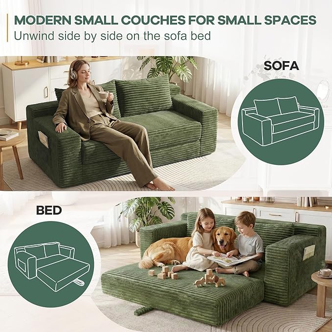 73 Convertible Sofa Bed 2 in 1 Folding Couch Bed Boneless Couch in a Box Cloud Loveseat Sleeper Fold Out Comfy Floor Futon Sofa with 2 Pillows for Living Room Bedroom No Assembly (Green 73)