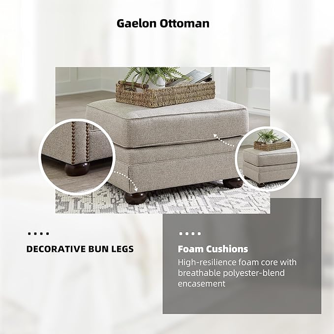Signature Design by Ashley Gaelon Transitional Rectangular Upholstered Ottoman with Bun Legs Light Brown
