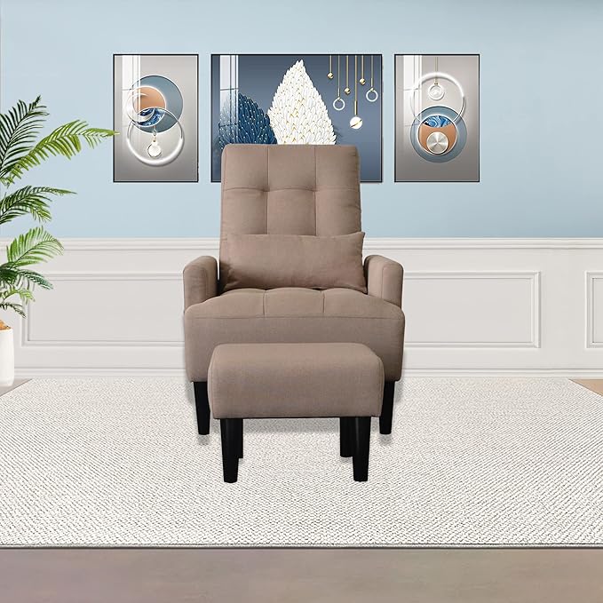Brown Living Room Sofa Single Chair and Ottoman Modern Multi-Function Fabric Living Room Sofa Lounge Chair Bed and Stool. Soft Leisure Single Chair Adjustable into 5 Angles