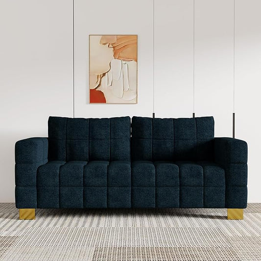 81.89 Sofa Comfy 3 Seat Sofa Tufted Chenille Upholstered Sofa Couch for Living Room with Gold Metal Legs and 2 Throw Pillows (Blue-N)
