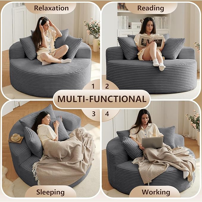 Oversized Round Chair Lounge Chaise Indoor Upholstered Corduroy Deep Seat Cloud Large Circle Sofa Chair No Assembly Required Fluffy Modern Sleeper Sofa Bed for Reading Living Room Dark Gray