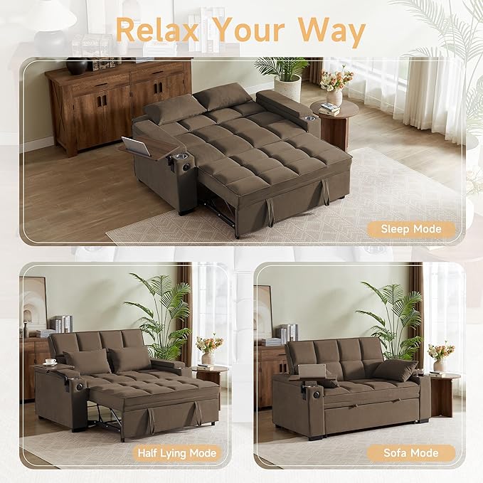 65'' Convertible Sleeper Sofa BedExtra Thick Cushion Polka dot Velvet Pull Out Futon Couch with Storage handrails &amp Rotating Side TablesConvertible Sofa Couch for Living RoomRV (07coffee)