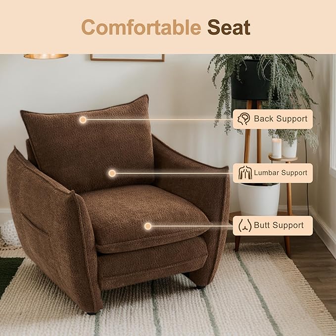 Oversized Accent Chair Modern Single Sofa Cloud Chair with Removable Pillow Deep Seat Comfy Armchair for Living Room Bedroom Reading Nook - Upholstered Lounge Chair (Brown)