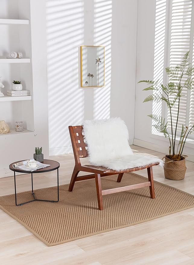Solid Wood Frame Chair with White Faux Wool. Modern Accent Chair Lounge Chair for Living Room