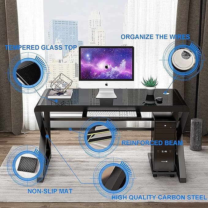 SAMERY Computer Desk Home Office Desks 55.1 Inch Modern Simple Office Black Glass Desk Computer Table Study Gaming Writing Desk Fashion Strength Tempered Glass Office Laptop Desk
