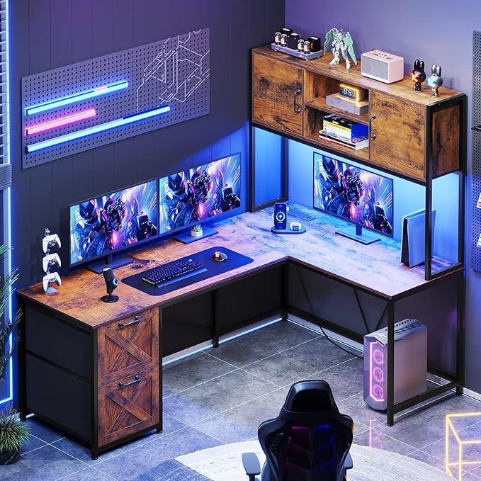 SEDETA L Shaped Desk with Drawers 62.2 Home Office Desk with Fabric File Drawers and Power Outlet L Shaped Desk with Hutch Storage Shelves LED Lights Rustic Brown