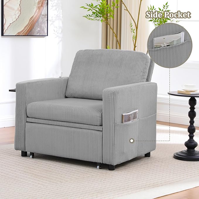 3 in 1 Folding Convertible Sleeper Sofa Bed Pull Out Couch with Side Pockets USB Port Side Table Single Sofa Bed with Adjustable Backrest for Living Room Bedroom 66 LIGHTGREY 1 SEAT