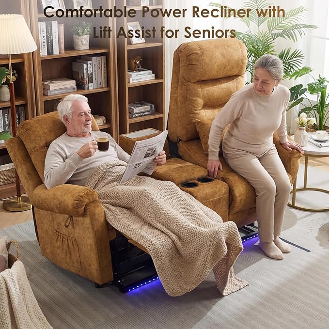 SAMERY Loveseat Recliner Sofa Power Lift Recliner for Elderly with Massage and Heat Electric Reclining Loveseat Sofa Couch with Console Cup Holder Outlets USB Drawer (Yellow Lift Loveseat) | Ea