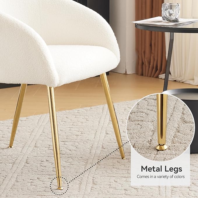 Modern Vanity Chair Living Room Chair with Gold Metal LegsTeddy Fabric Dining Chair Comfy Accent Chair for Makeup Room Waiting Room Dressing Room Bedroom Dining Room Home Office (White 2PCS)