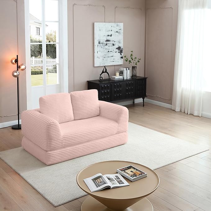 63 Corduroy Convertible Boneless Couch with Pull-Out Bed 2 in-1 Folding Convertible Sofa Bed with Pillows Loveseat Floor Sofa Couches for Living Room No Assembly Required (Pink) | Breathable Mater